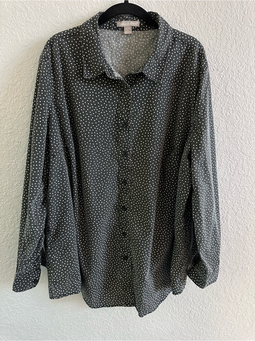 Woman Within Polka Dot Button Front Blouse 1X 22/24 Black‎ White Long Sleeve